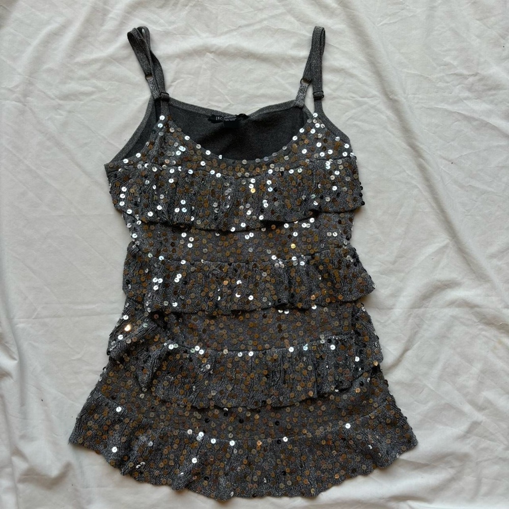 INC international Concepts ruffle Grey and silver sequin cami tank top bead